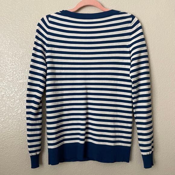 Theory Sweater Womens Small White Blue Striped Crewneck Cotton Knit Preppy - Picture 8 of 11